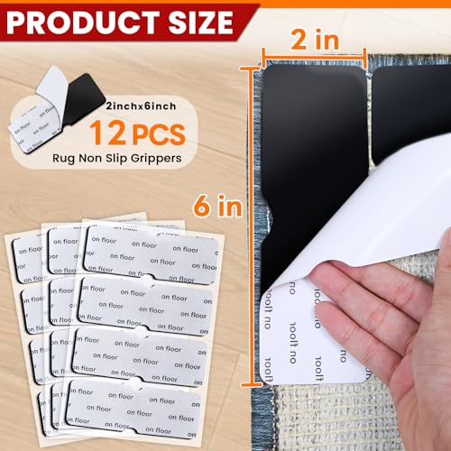 Reusable Non-Slip Rug Grippers - 12 Pack Double-Sided Carpet Tape for Floors