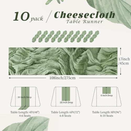 10 Pack Sage Green Cheesecloth Table Runner 17x108in 9ft | Boho Wedding Backdrop & Party Décor