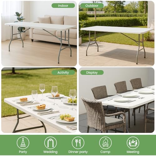 6ft Heavy Duty Folding Table, Portable HDPE Plastic Fold-in-Half Table