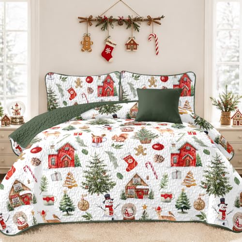 Xruibed Red & Green Christmas Quilt Set Queen 3-Piece (90x96) Elks Pattern