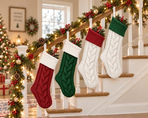 Edoneery 18 Inch Christmas Stockings, 4 Pack – Red/Green/White Ivory Cable Knit