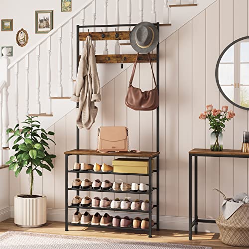 Industrial Hall Tree with Bench and 5-Tier Shoe Rack, 9 Hooks for Entryway
