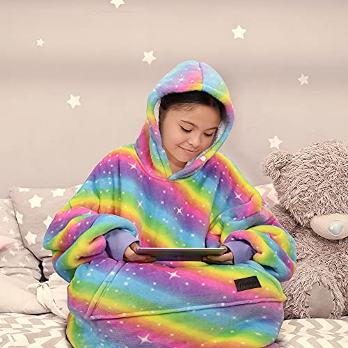 Solaris Rainbow Kids Wearable Blanket Hoodie Oversized Sherpa Fleece for Children
