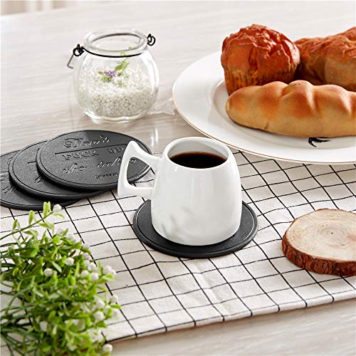 Black Leather Coasters Set with Holder - 6 Pcs Modern Drink Coasters for Home & Office