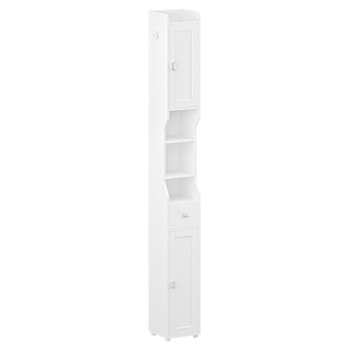 HEXCELEN Bathroom Storage Cabinet, Narrow Tall Bathroom Cabinet, Freestanding Floor Cabinets with 2 Doors and 1 Drawer, Toilets Organizer with Adjustable Shelf, 1 Hook for Small Spaces, White
