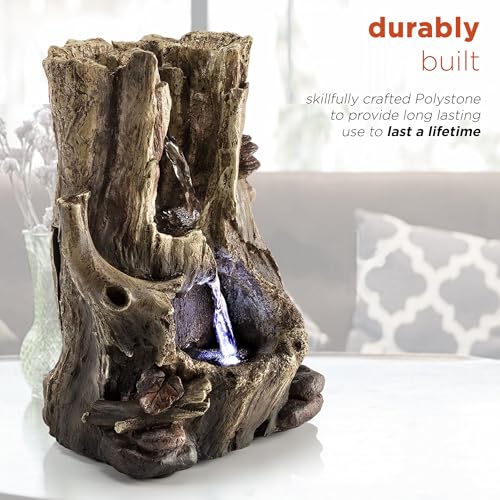 Tabletop Water Fountain with LED Lights - Rainforest Tree Trunk Decor, 11"