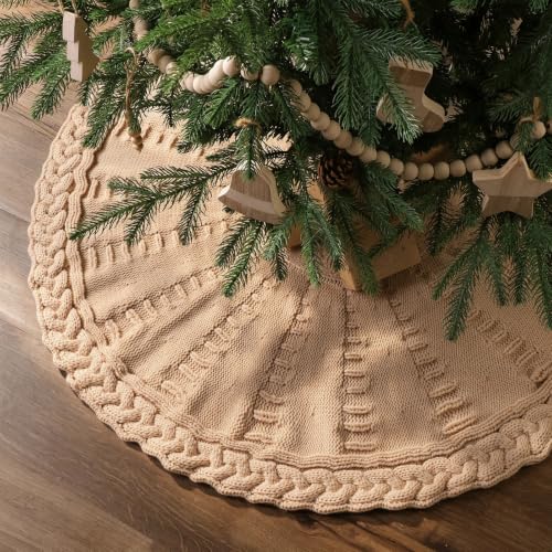 LimBridge Beige Knitted 36-Inch Christmas Tree Skirt with Cable Knit, Rustic Farmhouse