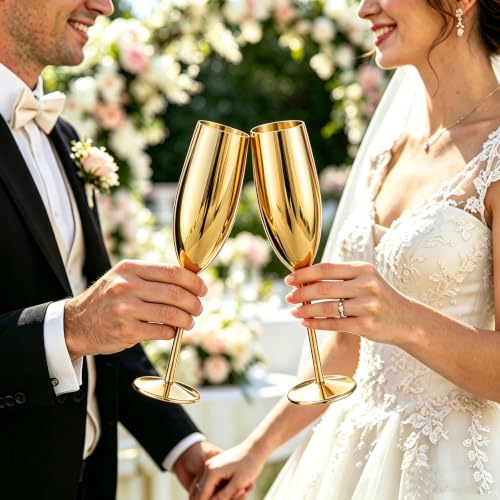 UNISWEET Gold Stainless Steel Champagne Flutes Set of 2 - Unbreakable, Long Stem, 8.5 oz Wedding & Party Toasting Glasses