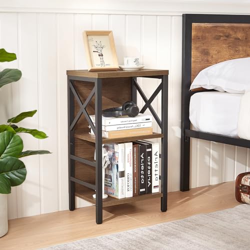 3-Tier Industrial Small Bookshelf, Rustic Brown Wood Storage Shelf