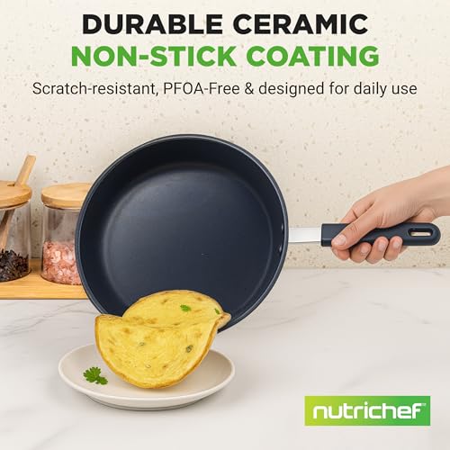 NutriChef 10 Inch Non Stick Ceramic Coated Frying Pan, Aluminum Frying Pan with Silicone Handle, Stain-Resistant, PFOA Free ? Compatible with Gas, Electric, Induction, and Ceramic Cooktops