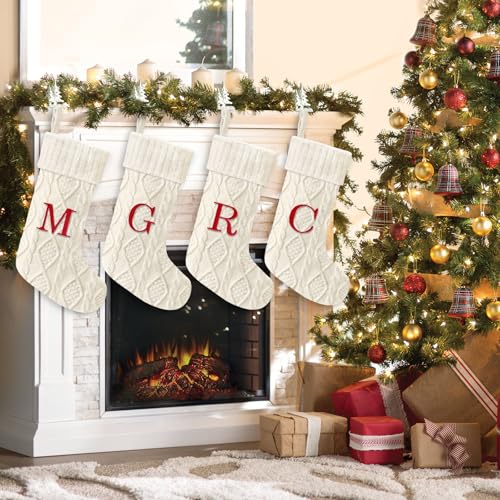 Yoochee 21 Inch White Knitted Christmas Stocking with Initials - Monogram Letter-M, Large Personalised Xmas Decoration