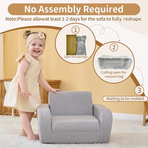 3-in-1 Foldable Toddler Couch and Sleeper Bed - Gray Sherpa Fleece