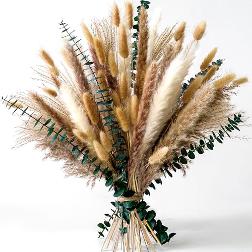 Dried Pampas Grass Bouquet - Boho Floral Centerpiece with Eucalyptus