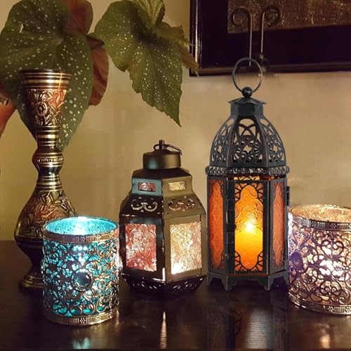 DECORKEY 11'' Medium Amber Moroccan Lantern for Indoor & Outdoor Decor