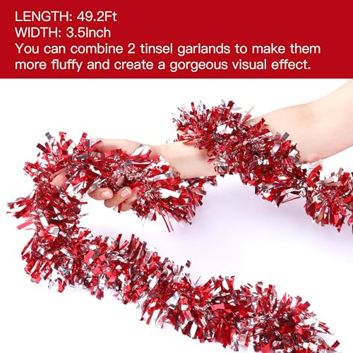 Red and Silver Christmas Tinsel Garland 49.2Ft Indoor Outdoor Holiday Decor