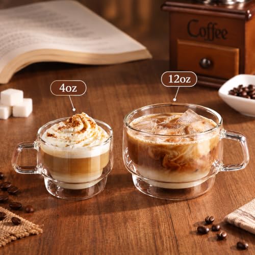 Glastal 4oz Double Wall Glass Espresso Cups Set of 4 - Stackable Borosilicate Coffee Mugs