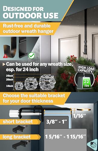 Adjustable Over the Door Wreath Hanger - 19 Inch Non-Scratch Hook (22 lb)
