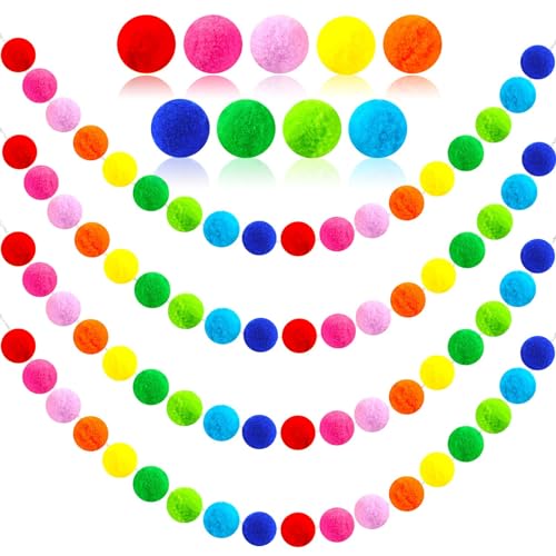 Rainbow Felt Pom Pom Garland (4 Pack) - Colorful Wall & Party Decor
