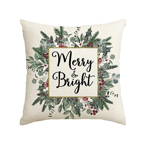 16x16 Inch Christmas Throw Pillow Cover Merry & Bright Eucalyptus & Mistletoe