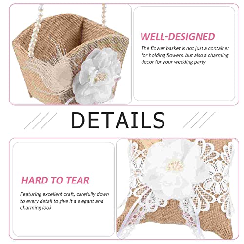 Rustic Burlap Flower Girl Basket with Pearl Bow for Wedding Ceremony