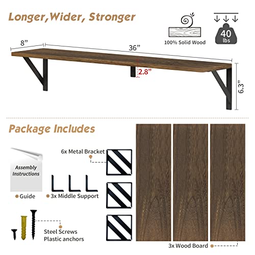 36-Inch Floating Wall Bookshelves, Set of 3 Rustic Wood Heavy-Duty Shelves