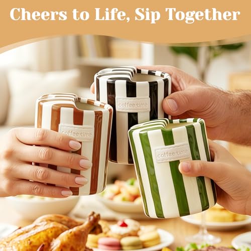 Alasynic Green Vintage Striped Ceramic Travel Mug 10oz - Cute Green Coffee Cup with Sip Hole
