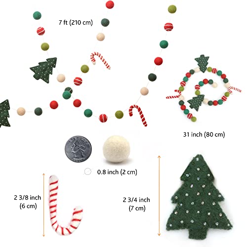 Christmas Felt Ball Garland with Trees & Candy Canes - 7ft Holiday Decor, Handmade Wool, Kids Room & Living Room