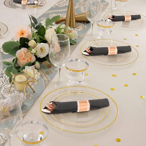 50 Pack Rose Gold & Black Plastic Silverware Set with Napkins - Disposable Party Utensils