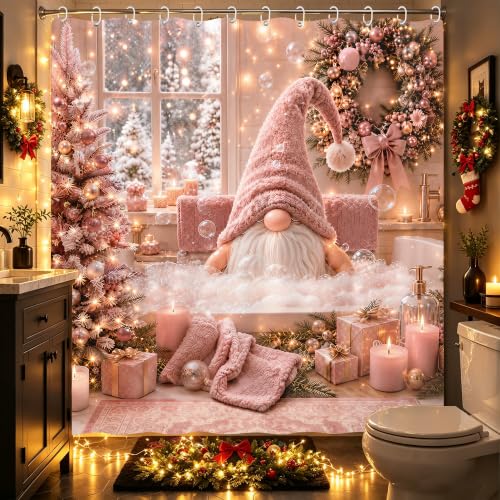 Romart Pink Christmas Gnome Shower Curtain 72x72 Inch - Holiday Bathroom Decor