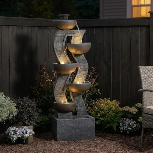 53-Inch 6-Tier Modern Floor Water Fountain with LED Lights for Garden Patio