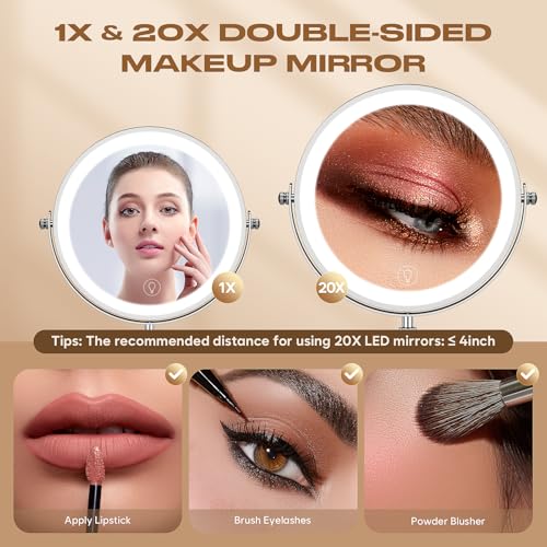 Dienmern Makeup Mirror, 1X/20X Rechargeable Vanity Mirror with Lights