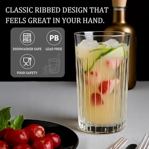 8-Piece Ribbed Glassware Set, 12 oz Highball and 10 oz Cocktail Tumblers
