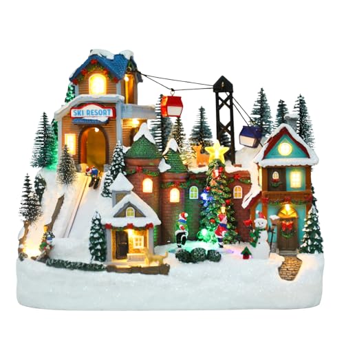 Chonsun 10.2 Inch Christmas Village House with Skiing & Skating Characters – USB Lighted Town Scene