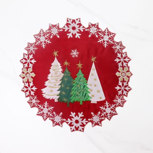 Tenerdy 15in Round Christmas Tree Placemats Set of 4 Embroidered Snowflakes, Red