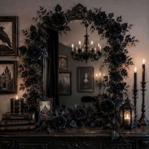 Artificial Black Rose Garland 2-Pack - 6.5ft Silk Vine Gothic Decor