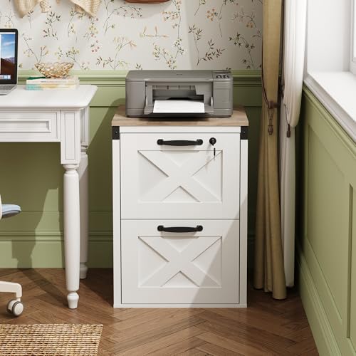 2-Drawer Locking File Cabinet, Farmhouse Wood Filing Cabinet with Printer Stand