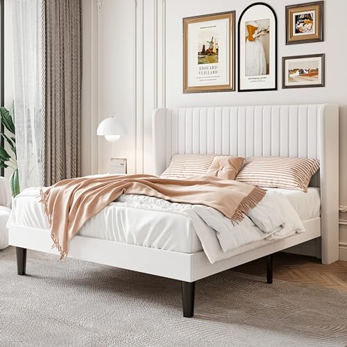 Full Size Velvet Platform Bed Frame with Wingback Headboard, White