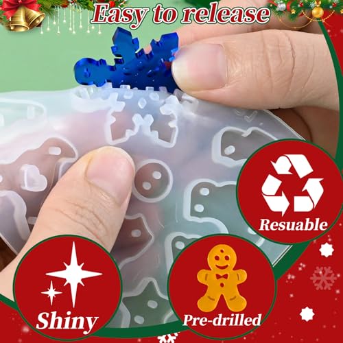 ZQYSING 68 Pcs Christmas Resin Earring Molds Kit with Hooks & Rings – Includes Snowflake, Gingerbread, Bell, Tree