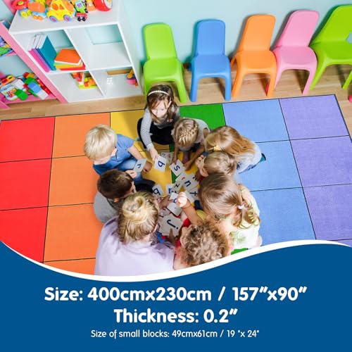 Rainbow Classroom Rug 7'6" x 13' – Non-Slip Preschool Carpet with Seating Squares