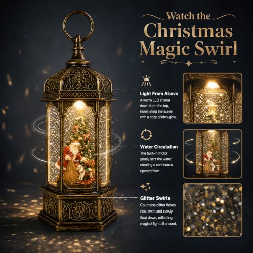 Kukuzon Santa Claus Gifts Lighted Christmas Snow Globe Lantern, Musical Scene, 8 Songs, Swirling Glitter, Indoor Holiday Decor, 9"