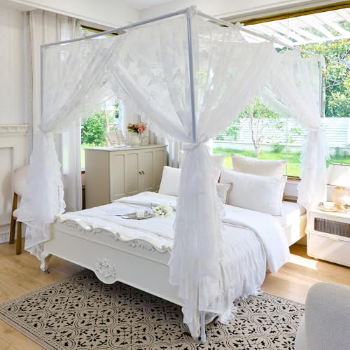 Elegant Lace 4-Poster Bed Canopy Mosquito Net - Queen Bedroom Drapes