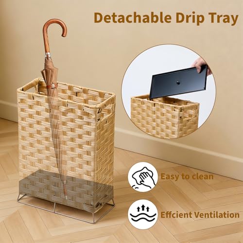Handwoven Rattan Umbrella Stand with Drip Tray and Hooks