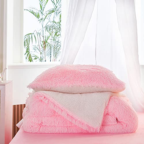 Reversible Plush Shaggy Comforter Set - Twin Size, Pink, 3 Pieces