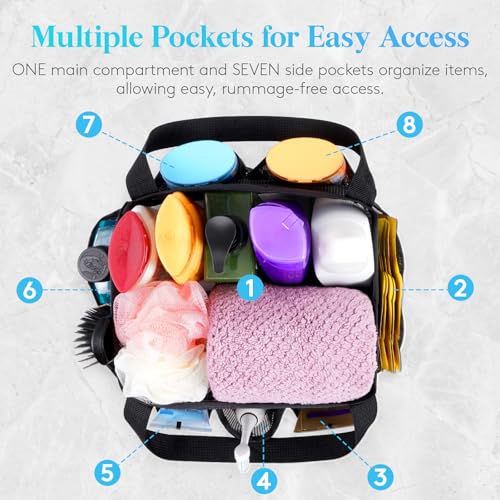 Mesh Shower Caddy Portable Quick Dry Tote Bag with 7 Pockets Black