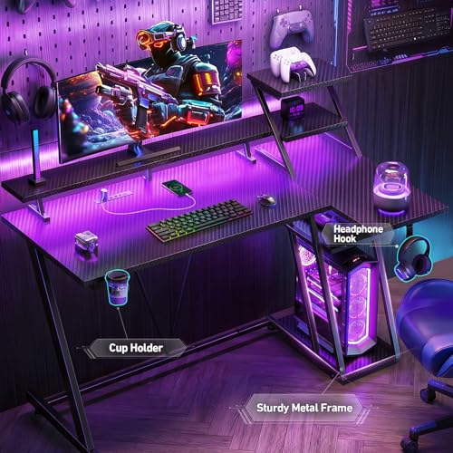 40-Inch L-Shaped Gaming Desk with LED Lights, Power Outlets & Storage