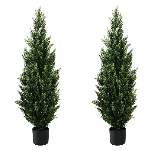 4ft Artificial Cedar Topiary Trees - UV Resistant Faux Plants (2 Pack)