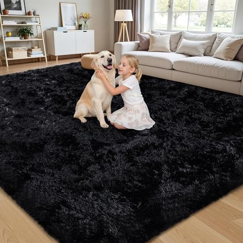 8x10 Black Fluffy Shag Area Rug, Ultra Soft Plush Carpet for Living Room