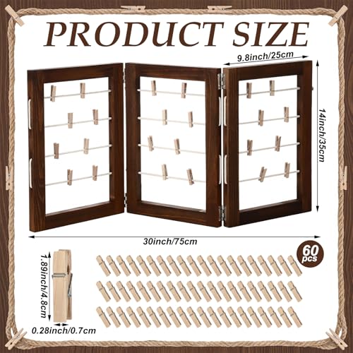 Rustic 3-Panel Wooden Photo Display Board with 60 Clips, 14 x 30 Inch