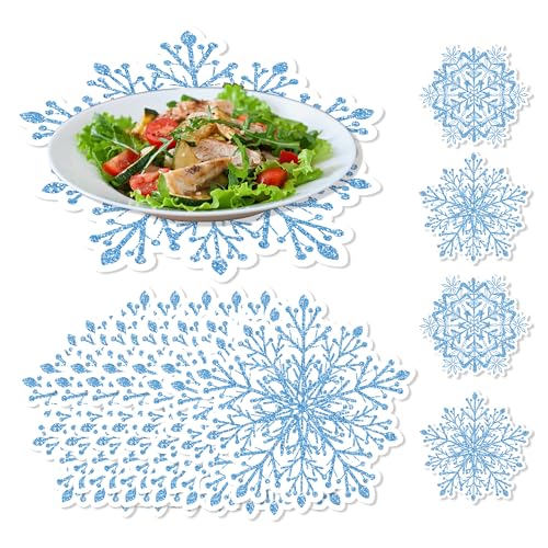 Snowflake Placemats Set - Blue Disposable Paper Placemats for Christmas & Winter Tables (24 Pack) Adirasenotek