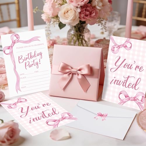 Pink Bow Birthday Invitations - 20 Sets with Envelopes & Stickers